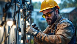 A photograph of a lighting contractor in the midst of splicing waterproof wires outdoors