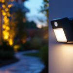 A photograph of a compact motion sensor light installed in a stylish outdoor setting