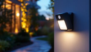 A photograph of a compact motion sensor light installed in a stylish outdoor setting