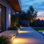 A photograph of capture a photograph of a modern outdoor space illuminated by stylish solar lights at dusk