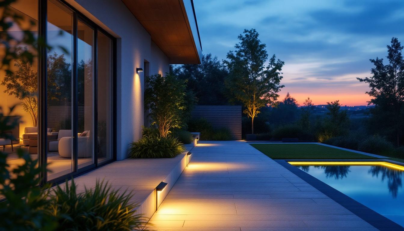 A photograph of capture a photograph of a modern outdoor space illuminated by stylish solar lights at dusk