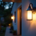 A photograph of a beautifully illuminated exterior wall mount light fixture installed on a home or building