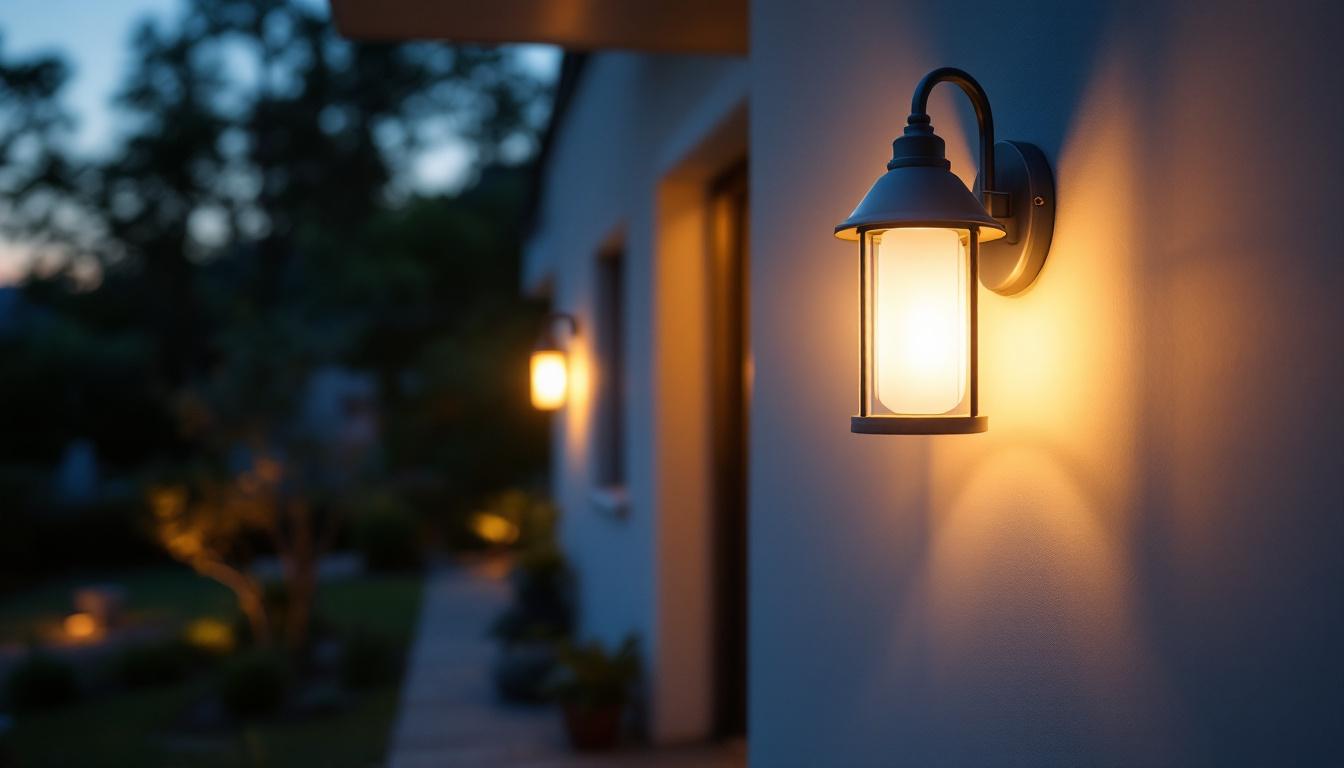 A photograph of a beautifully illuminated exterior wall mount light fixture installed on a home or building