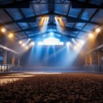 A photograph of a well-lit riding arena showcasing the interplay of natural and artificial lighting