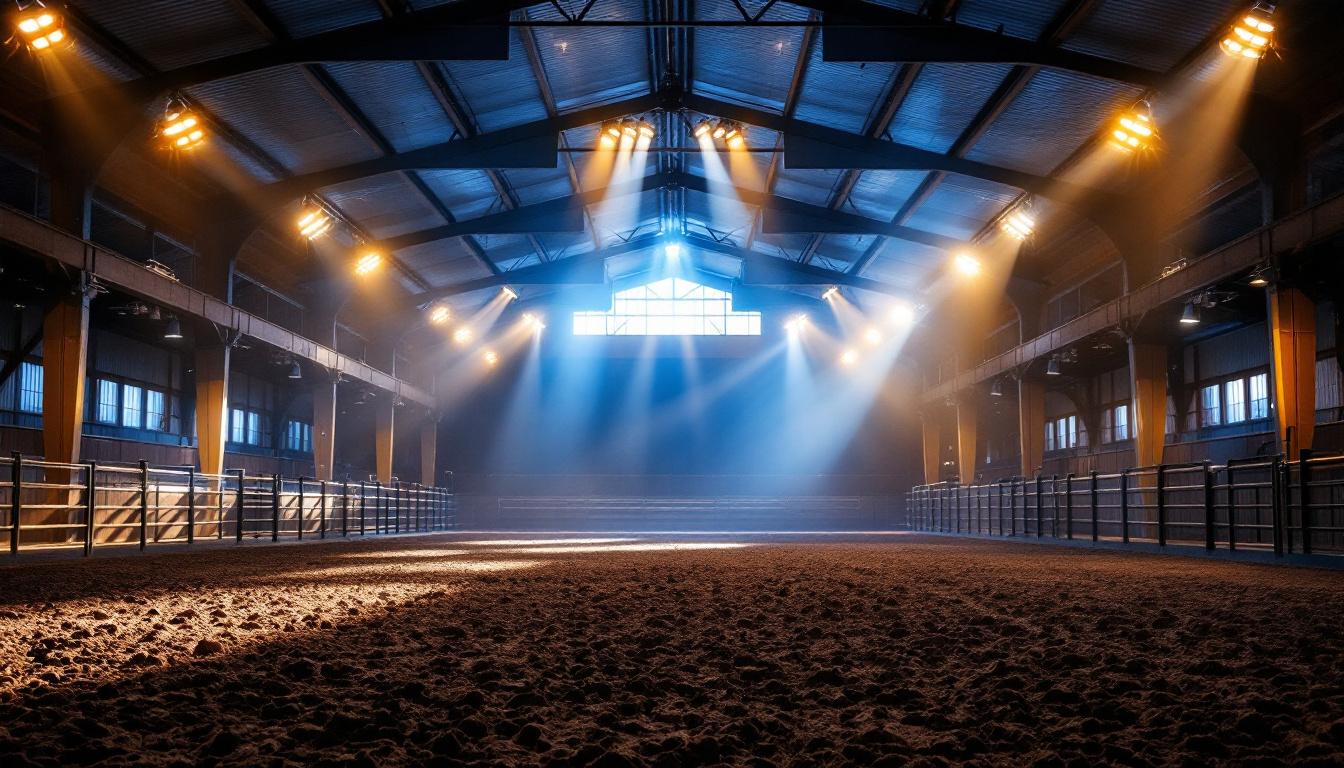A photograph of a well-lit riding arena showcasing the interplay of natural and artificial lighting