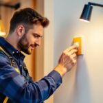 A photograph of a lighting contractor installing a dimmer switch in a stylish lamp