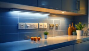 A photograph of a well-lit kitchen showcasing under cabinet outlets and lighting in action
