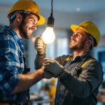 A photograph of a lighting contractor installing bright led light bulbs in a modern residential setting
