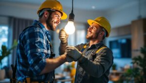 A photograph of a lighting contractor installing bright led light bulbs in a modern residential setting