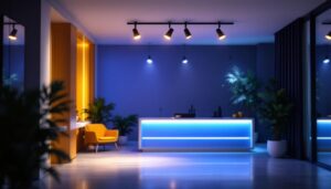 A photograph of a beautifully designed track lighting installation in a modern interior space