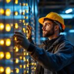 A photograph of a lighting contractor working on a project