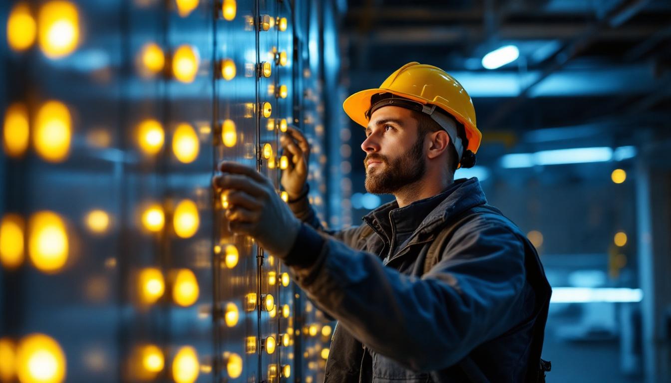 A photograph of a lighting contractor working on a project