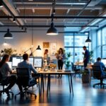 A photograph of a well-lit modern office space showcasing a variety of lighting solutions