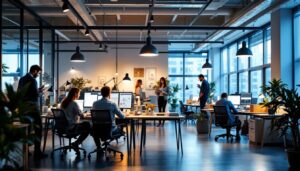 A photograph of a well-lit modern office space showcasing a variety of lighting solutions