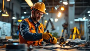 A photograph of a lighting contractor using innovative tools and technology on-site