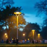 A photograph of a well-lit park scene featuring a stylish park lamp