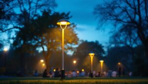 A photograph of a well-lit park scene featuring a stylish park lamp