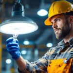 A photograph of a lighting contractor skillfully replacing an old ballast with a modern led fixture in a commercial or industrial setting