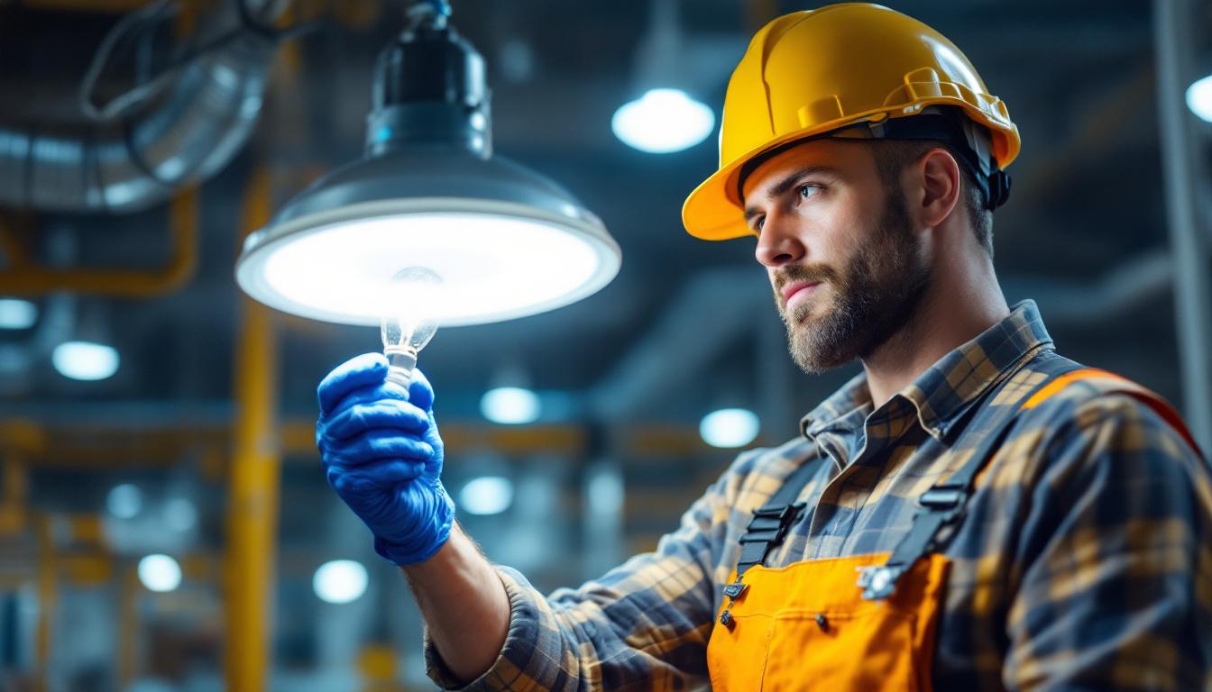 A photograph of a lighting contractor skillfully replacing an old ballast with a modern led fixture in a commercial or industrial setting