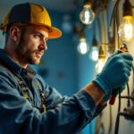 A photograph of a skilled lighting contractor working on a residential or commercial lighting installation