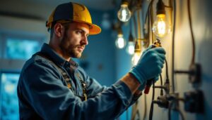A photograph of a skilled lighting contractor working on a residential or commercial lighting installation