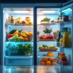 A photograph of a modern refrigerator with its interior illuminated by energy-efficient led lights