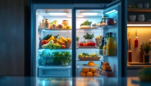 A photograph of a modern refrigerator with its interior illuminated by energy-efficient led lights
