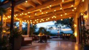 A photograph of a beautifully designed outdoor patio illuminated by stylish ceiling lights at dusk