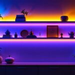 A photograph of a beautifully illuminated shelf featuring vibrant led strip lights