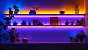 A photograph of a beautifully illuminated shelf featuring vibrant led strip lights