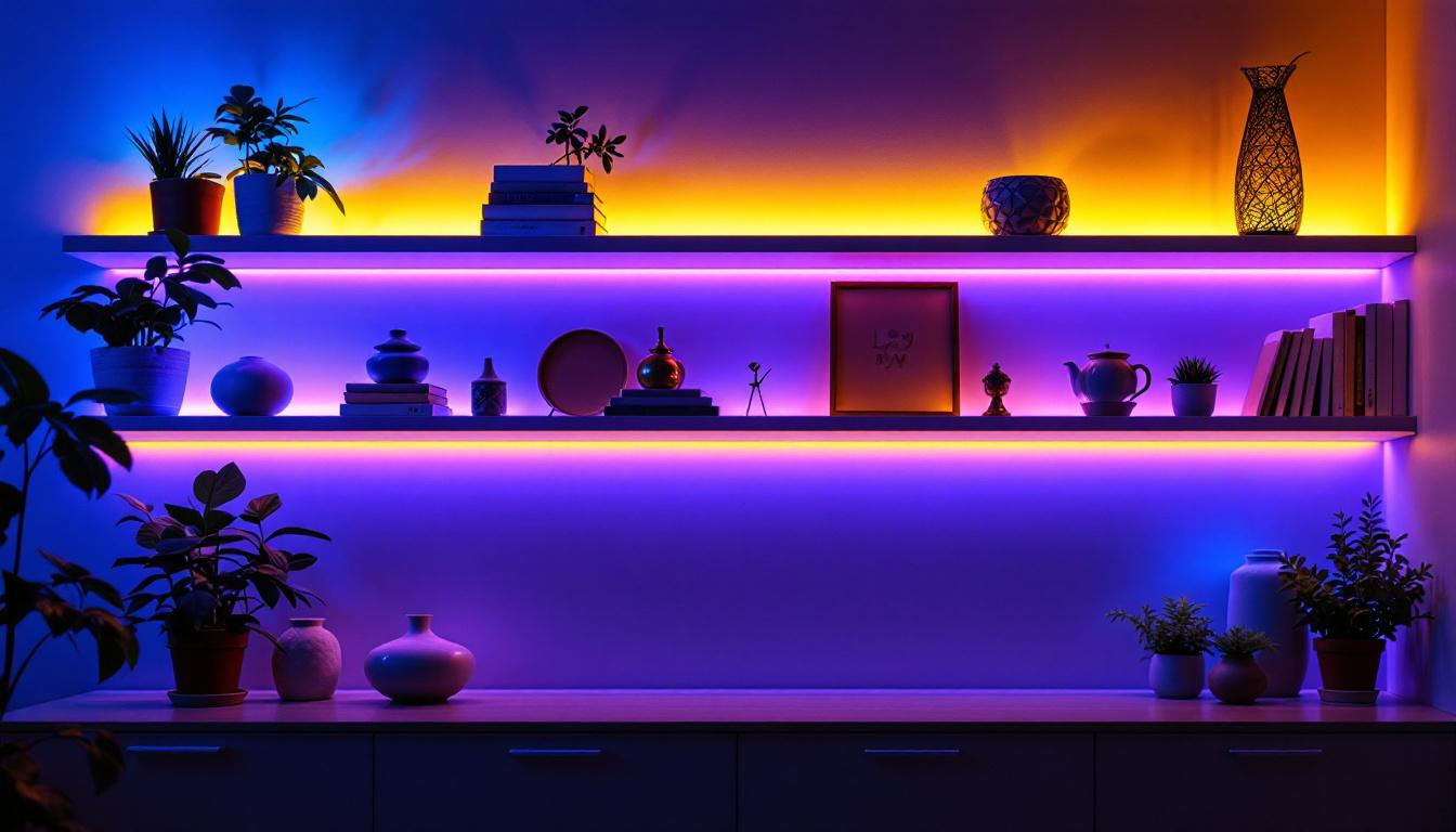 A photograph of a beautifully illuminated shelf featuring vibrant led strip lights