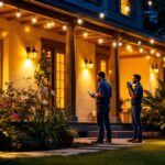 A photograph of a well-lit outdoor space showcasing various styles of outdoor lights