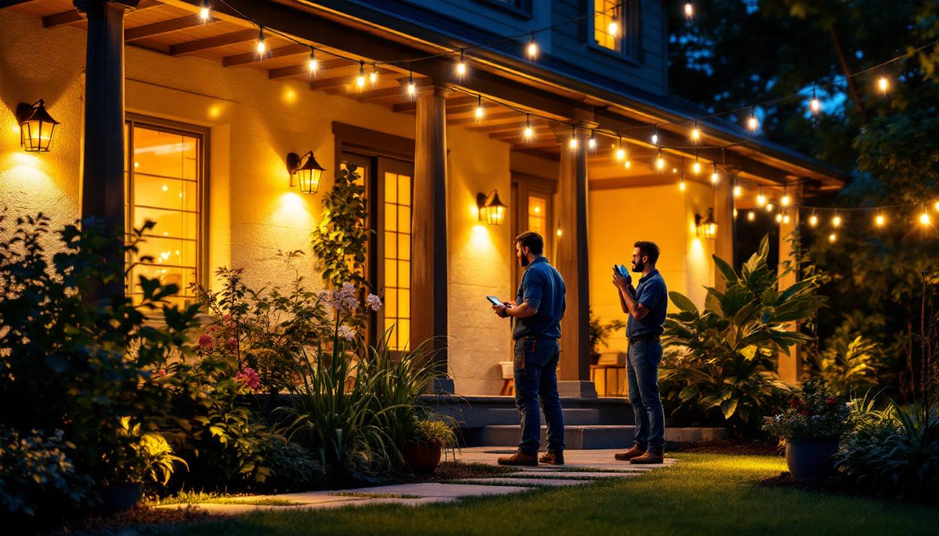 A photograph of a well-lit outdoor space showcasing various styles of outdoor lights