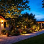 A photograph of a beautifully illuminated outdoor space at dusk