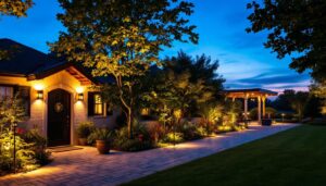 A photograph of a beautifully illuminated outdoor space at dusk