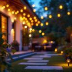 A photograph of a beautifully lit outdoor space featuring solar-powered lights illuminating a garden or patio at dusk