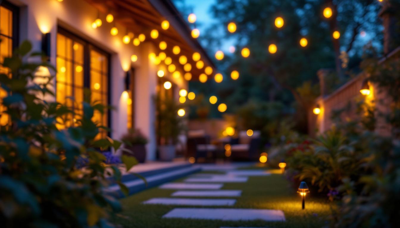 A photograph of a beautifully lit outdoor space featuring solar-powered lights illuminating a garden or patio at dusk