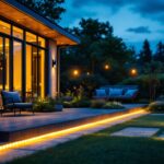 A photograph of a beautifully illuminated outdoor space featuring solar led strip lights creatively installed along a patio or garden area during dusk