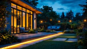 A photograph of a beautifully illuminated outdoor space featuring solar led strip lights creatively installed along a patio or garden area during dusk