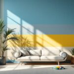 A photograph of a well-lit interior space showcasing various paint colors on walls