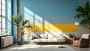 A photograph of a well-lit interior space showcasing various paint colors on walls