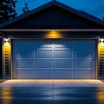 A photograph of a well-lit garage featuring solar lights in action
