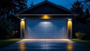 A photograph of a well-lit garage featuring solar lights in action