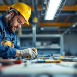 A photograph of a lighting contractor working on an led installation in a commercial space