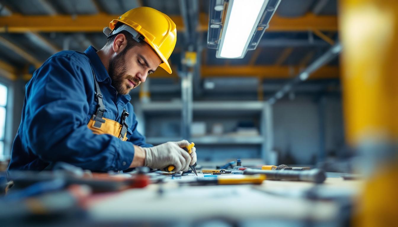 A photograph of a lighting contractor working on an led installation in a commercial space