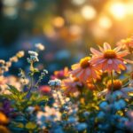 A photograph of a beautifully arranged outdoor scene featuring a variety of flowers illuminated by soft