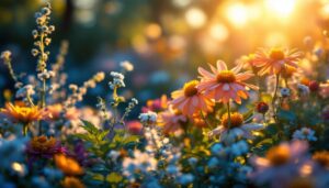 A photograph of a beautifully arranged outdoor scene featuring a variety of flowers illuminated by soft