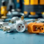 A photograph of a close-up of various types of dryer plugs and their corresponding outlets