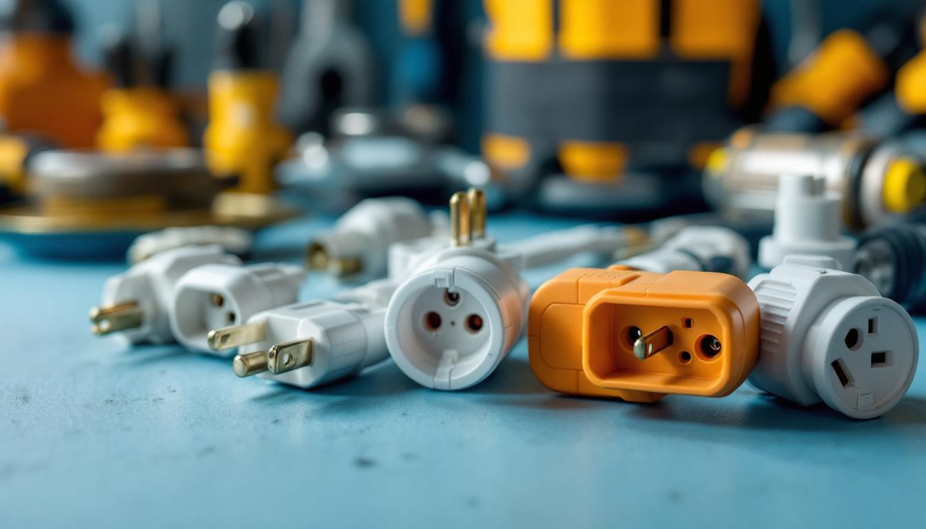 A photograph of a close-up of various types of dryer plugs and their corresponding outlets
