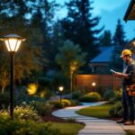 A photograph of a well-lit outdoor space showcasing mounted solar lights illuminating a beautifully landscaped area
